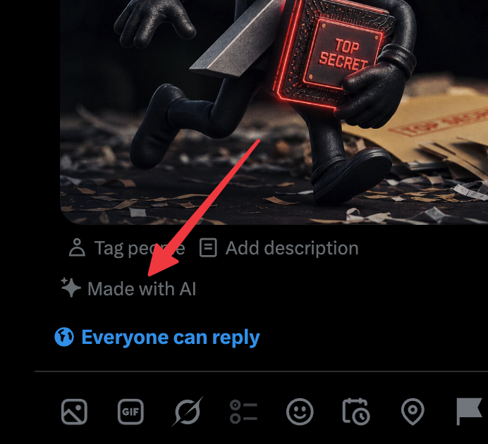 The X post composer showing a greyed-out “Made with AI” label applied automatically below the image.